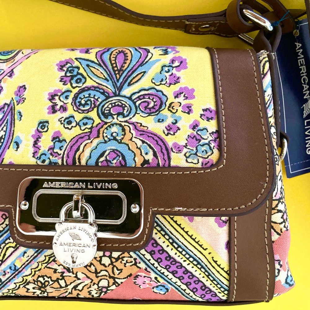 Yellow paisley pattern canvas crossbody handbag.